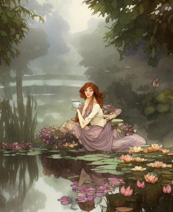 Watercolor Coffee Break Near Water Lilies