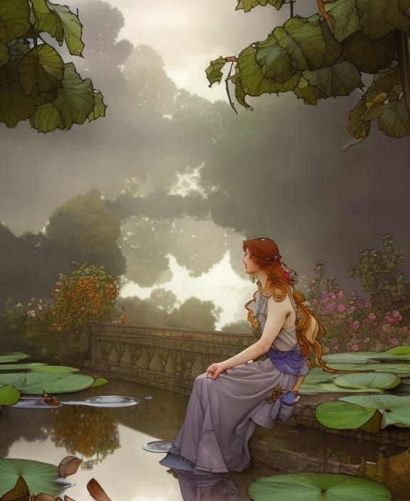 Watercolor Coffee Break Near Water Lily Pool