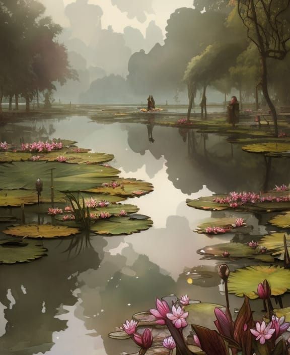 Water Lily Pool Coffee Break: Watercolor Illustration
