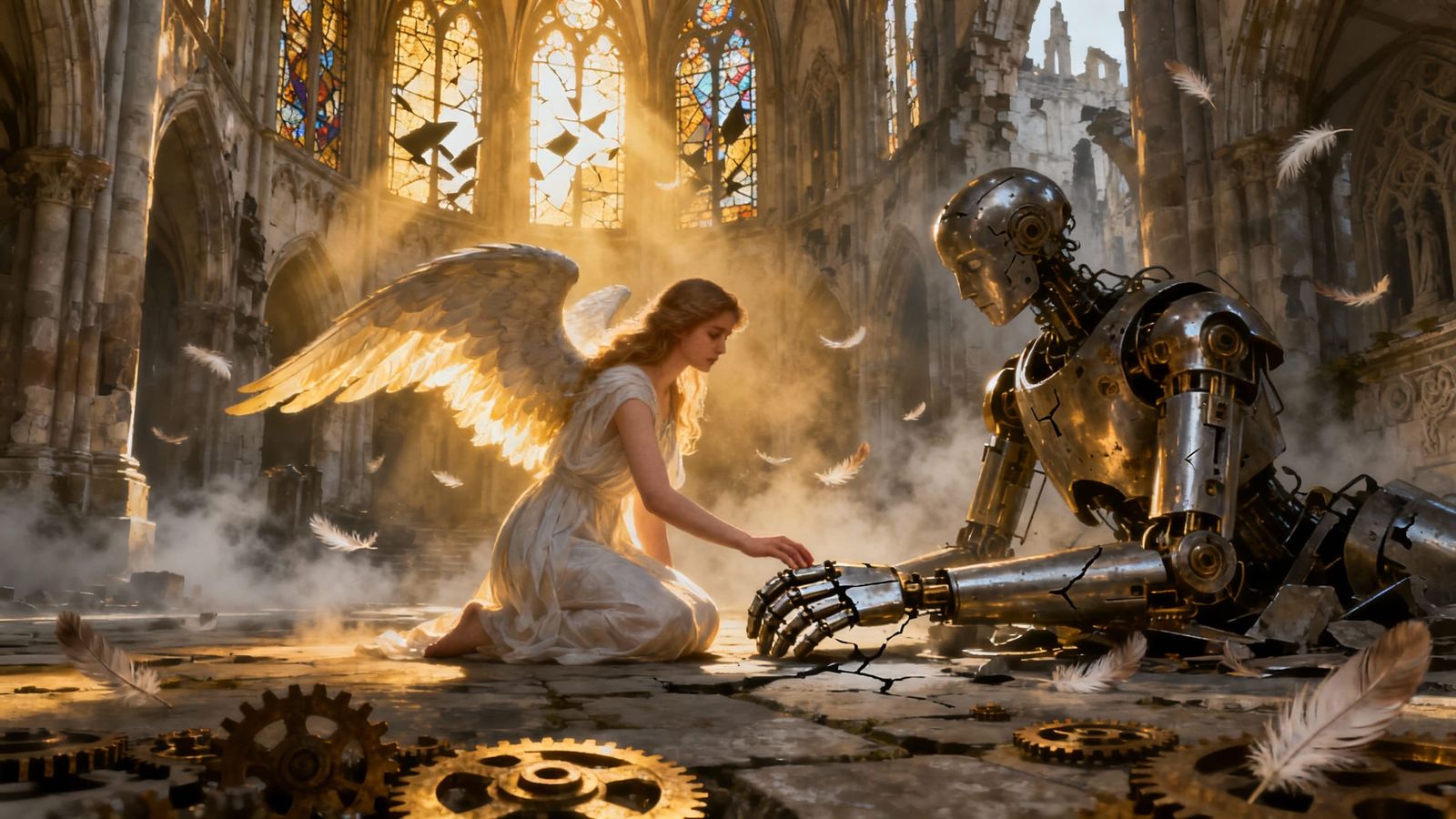 Angel's Compassion for Broken Automaton in Cathedral Ruins