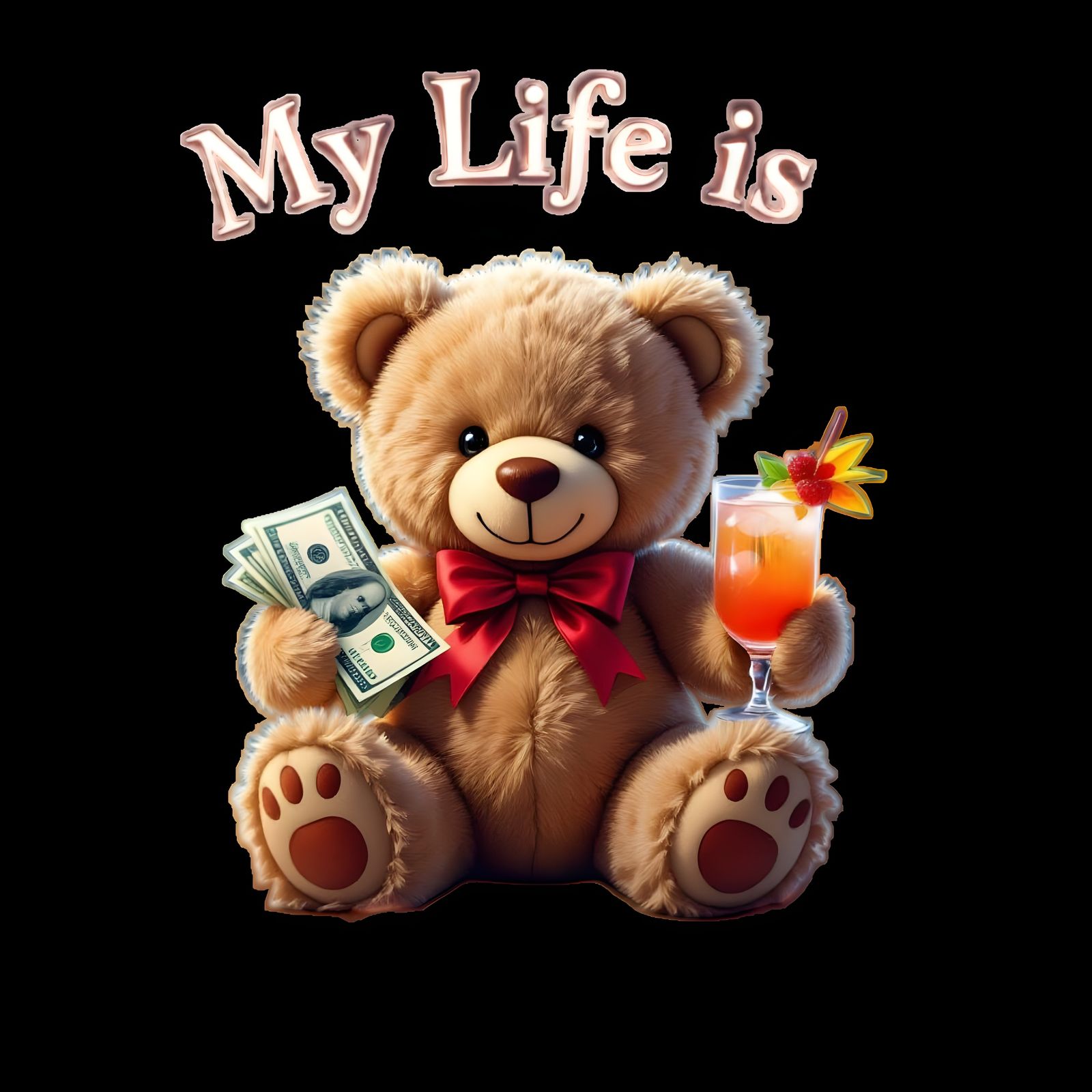 Teddy Bear with Cocktail and Money in Ethereal Style