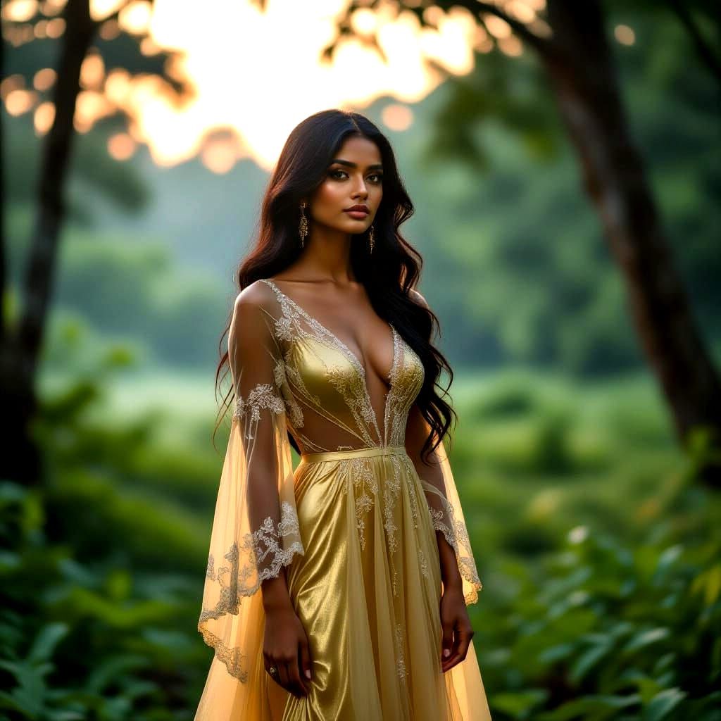 Ethereal Sri Lankan Woman in Misty Forest Clearing