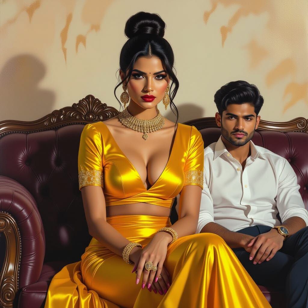 Stern Indian Woman in Yellow Silk with Man on Sofa