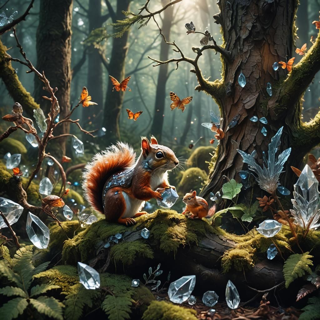 Crystal Creatures Interact in Mystical Forest: Hyper-Realist...