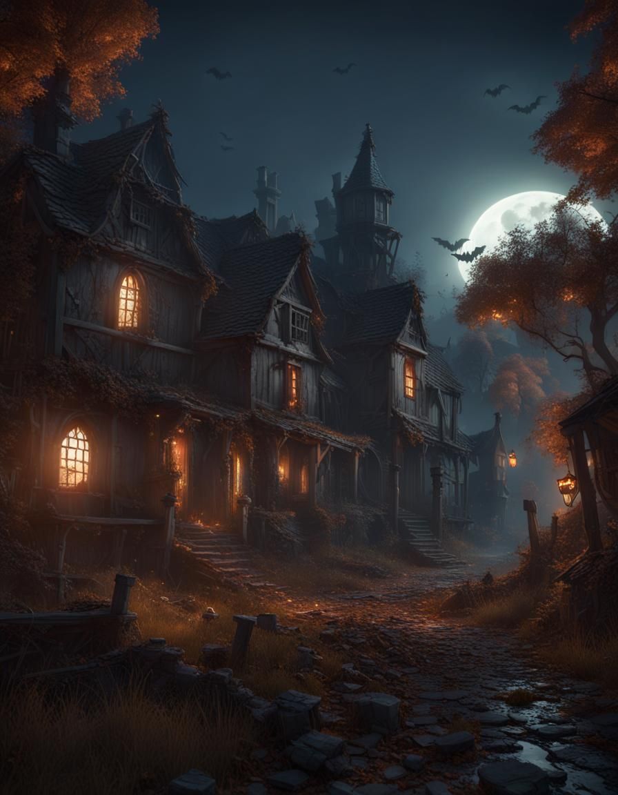 Haunted Village in Ruins: A Halloween Night CGI Render