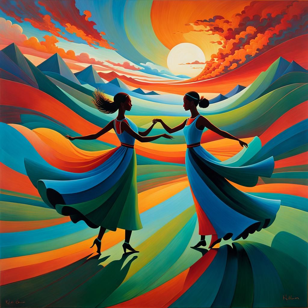 Sunrise Dance: Vibrant Figures in Abstract Landscape