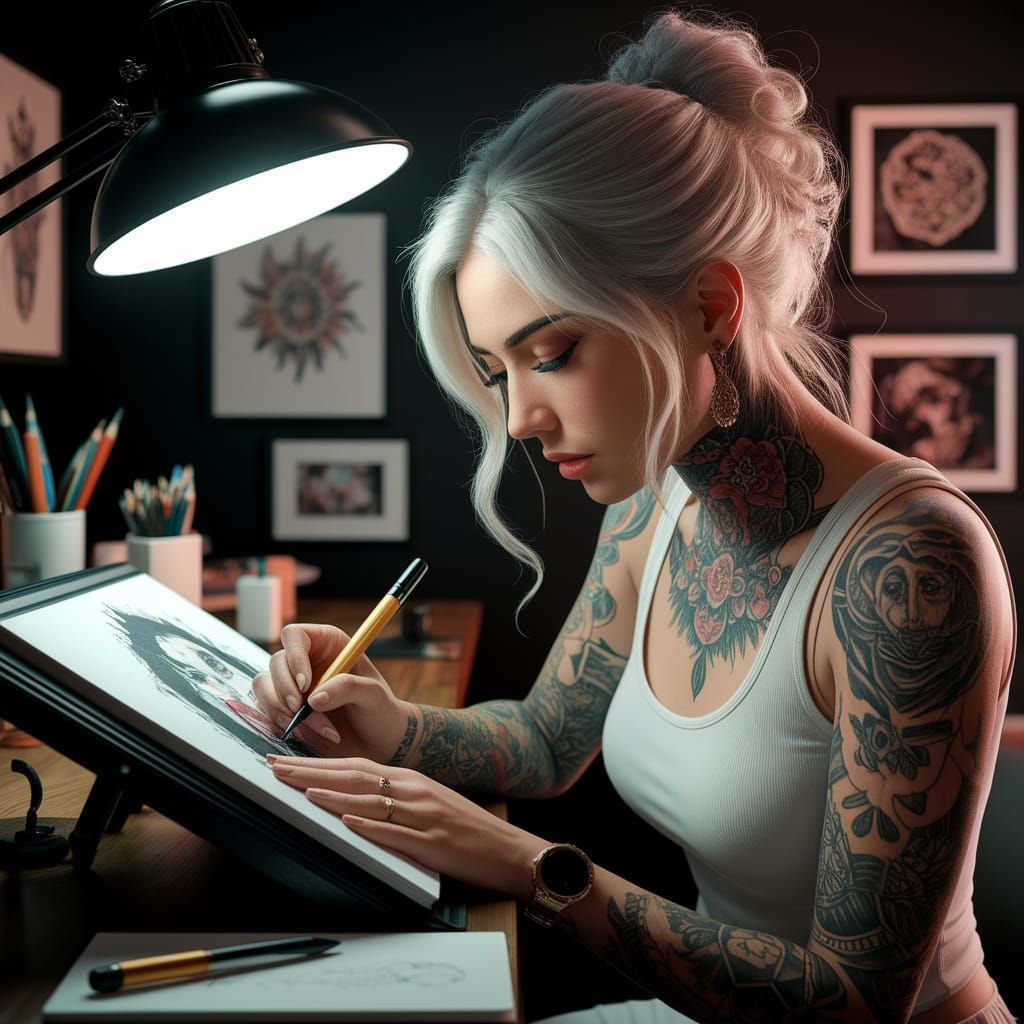 Hyperrealistic Tattoo Artist Drawing: Splash Art Style