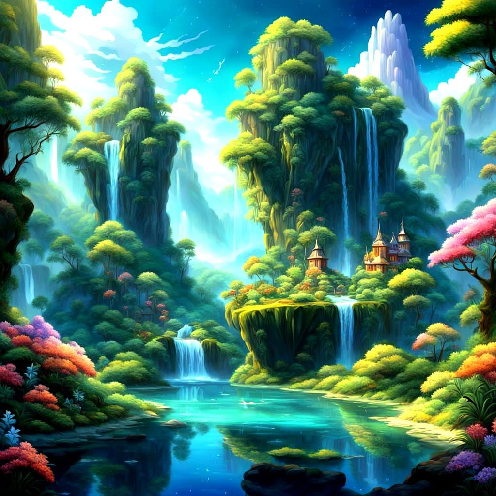 Whimsical Fantasy Island under Starry Night Sky