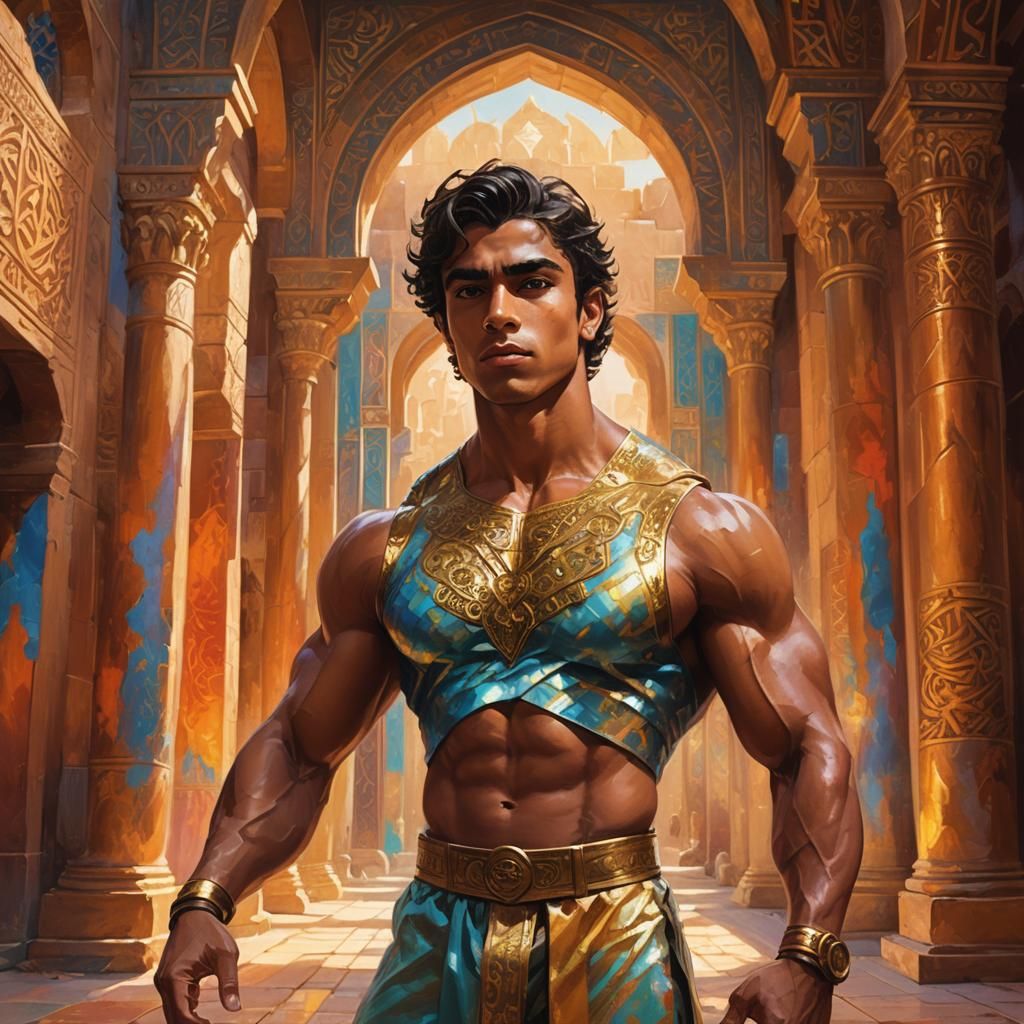 Muscular Teen Bodybuilder in Mystical Temple: Oil Painting