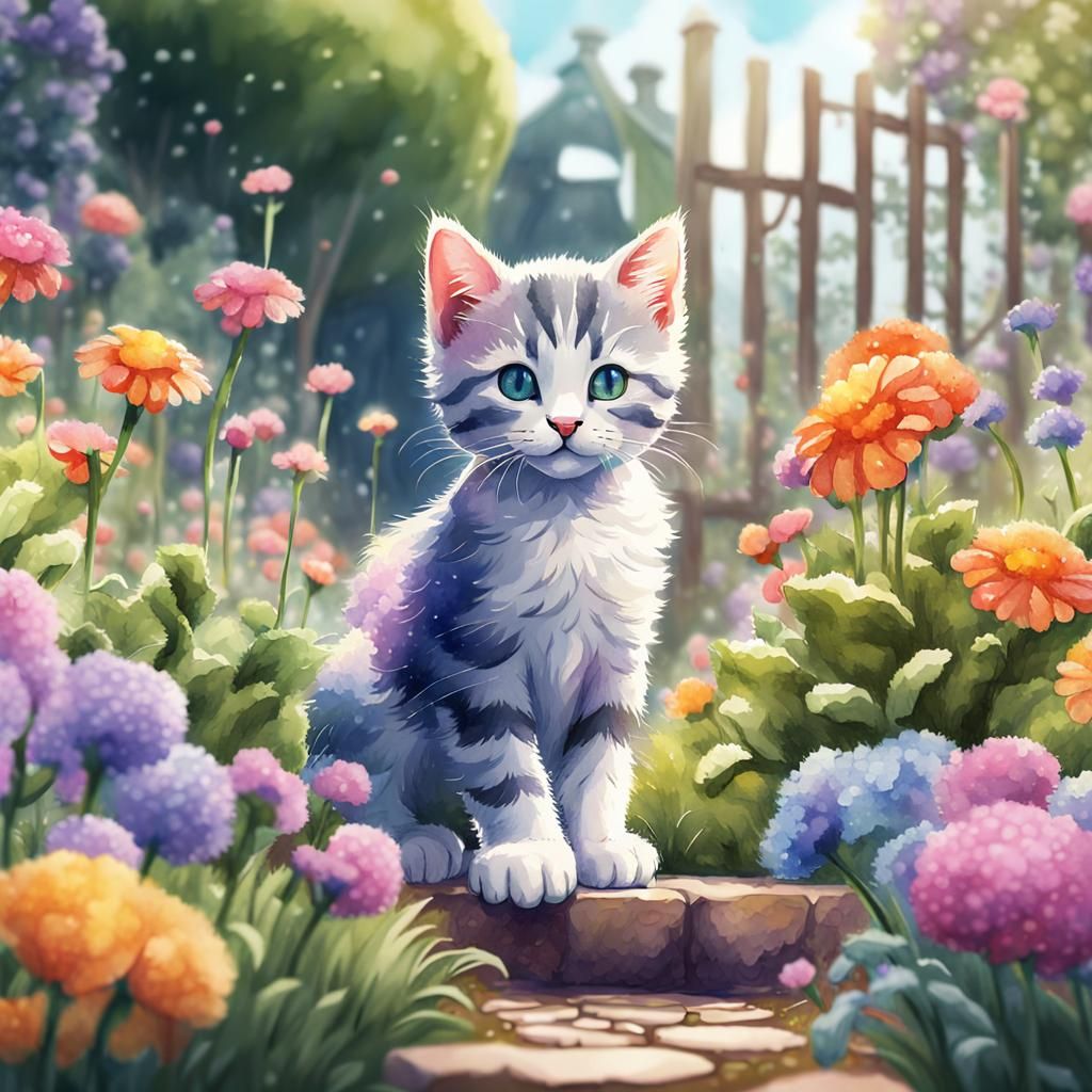 Cute Kitten in Garden: Stipple Watercolor Art