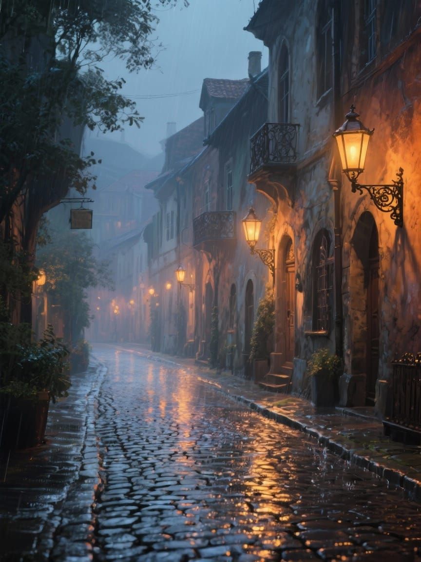 Old European Town Street After Rain