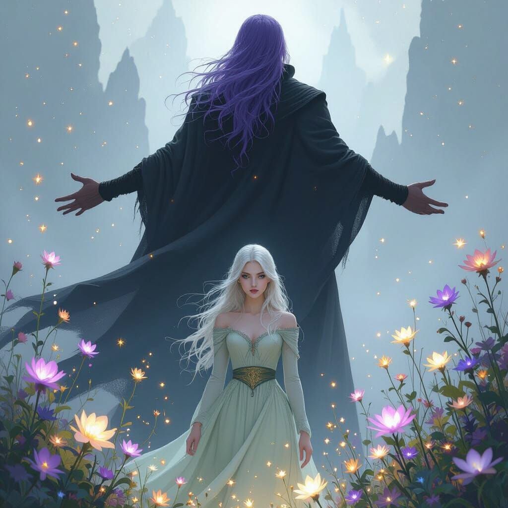 Fantasy Book Cover with Violet-Haired Man and Glowing Flower...