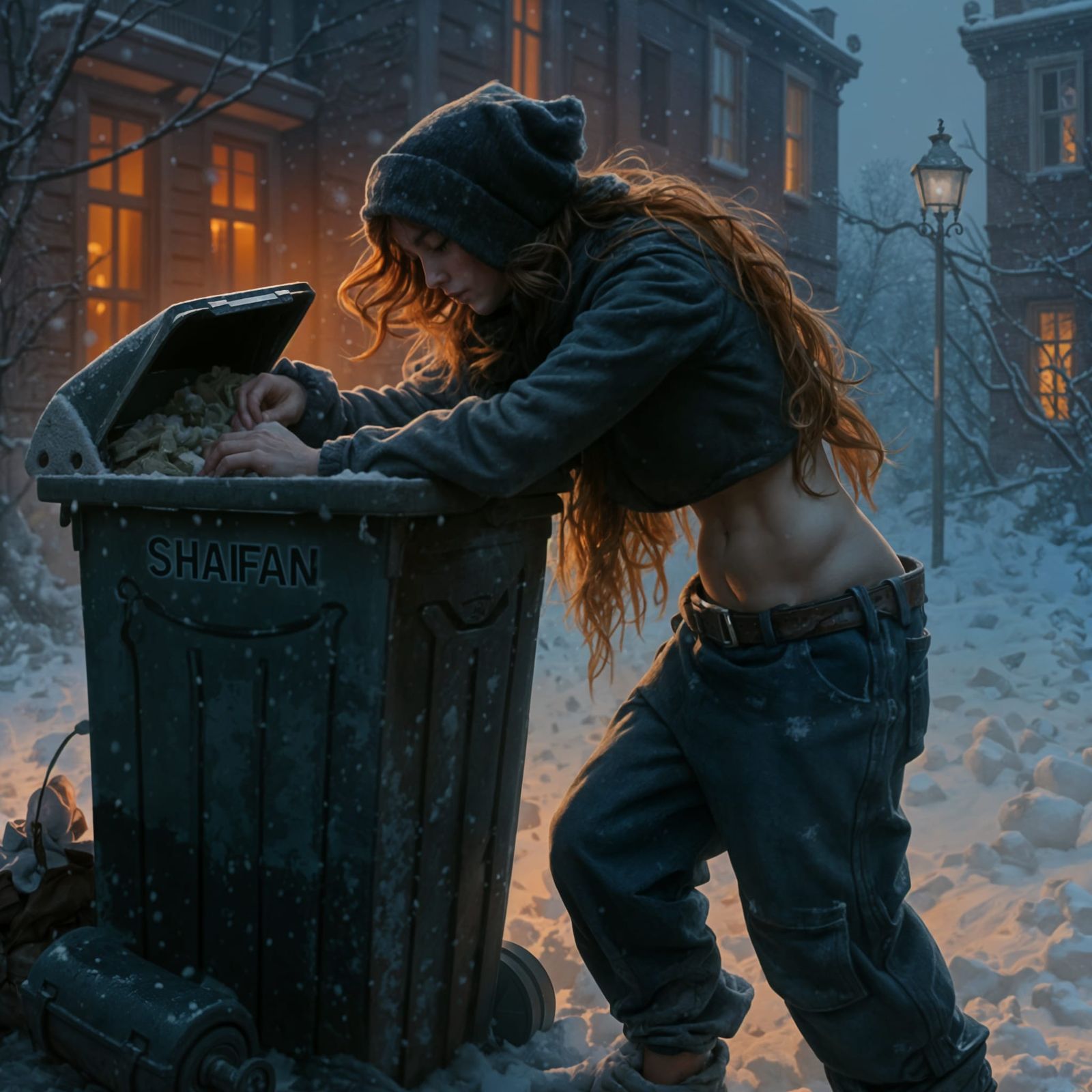 Homeless Woman Digging Through Trash in Winter