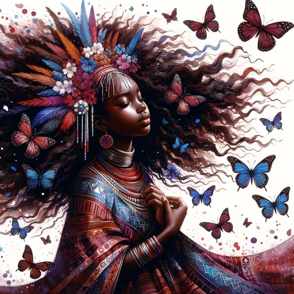 Young Girl in African Dress with Butterflies