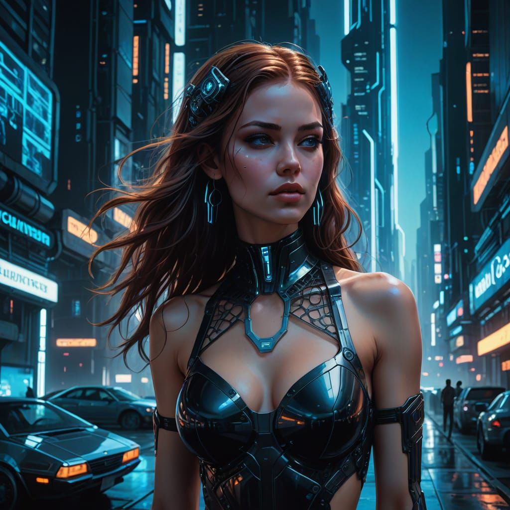 Cyberpunk Pin-Up in Futuristic Cityscape