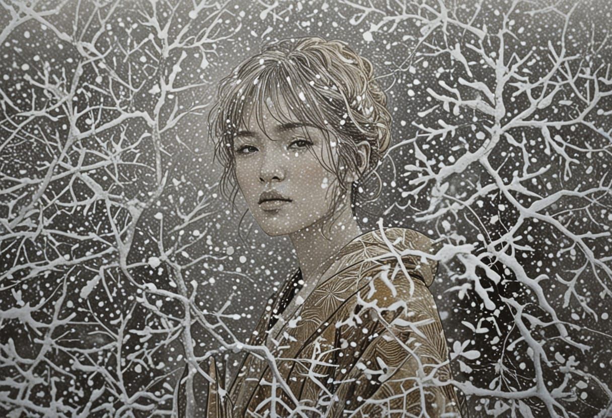 Golden Kimono Portrait in Vintage Photographic Style