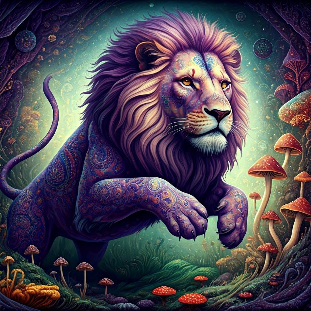 Vibrant Paisley Lion in Cosmic Dreamscape