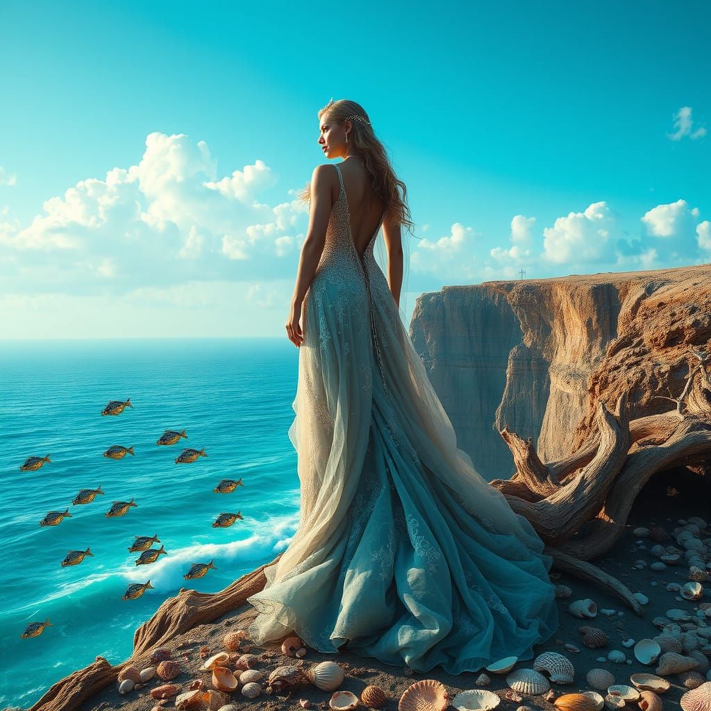 Regal Woman Stands at Cliffside Edge with Iridescent Fish an...