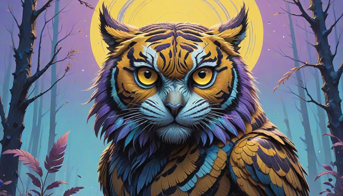 Mystical Tiger-Owl Hybrid in a Dreamlike, Cyberpunk-Inspired...