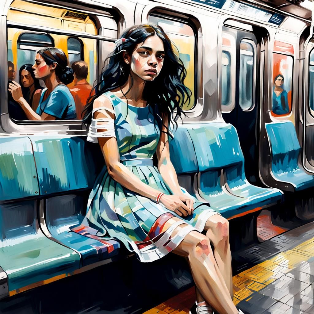 Colorful Impasto Painting of Girl on Subway Train