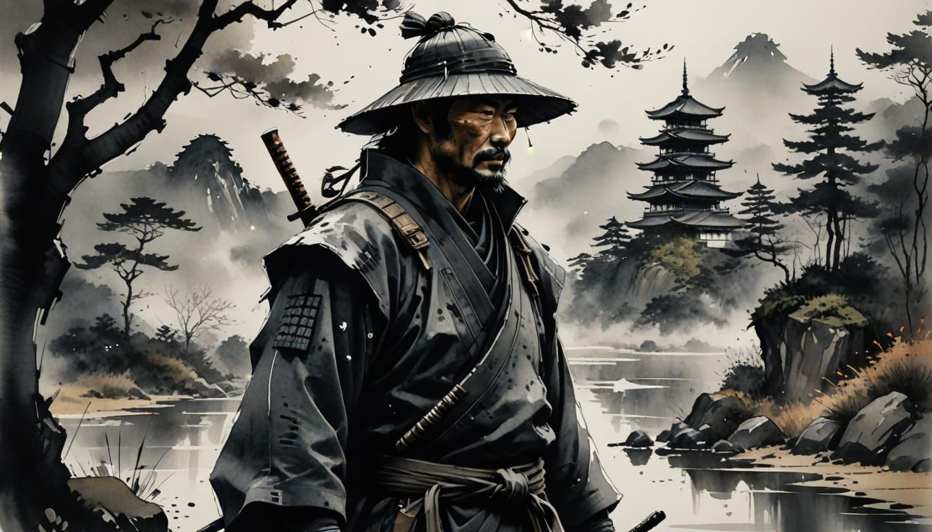 Ronin in Japanese Landscape as Ink Wash Painting