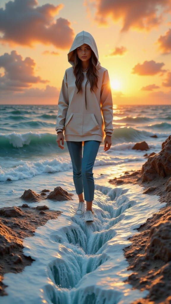 Mysterious Woman in Cascading Hoodie at Sunset Coast