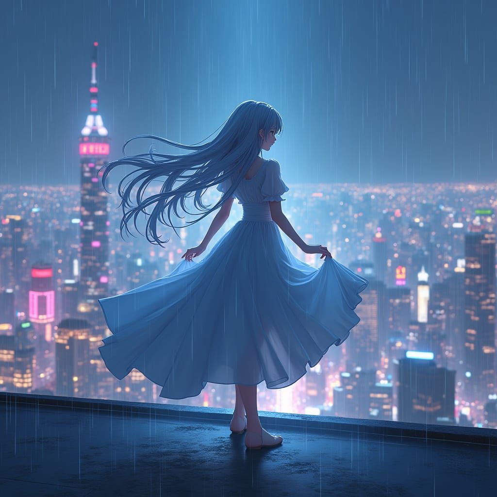 Silver-Haired Girl Dancing in Neon Cityscape Rain