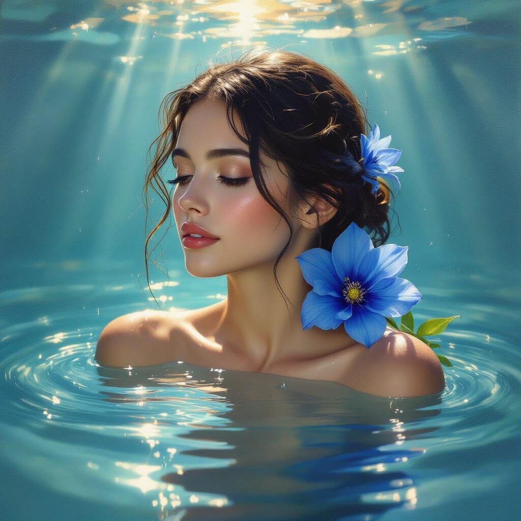 Woman Submerged in Ocean with Blue Flower Portrait