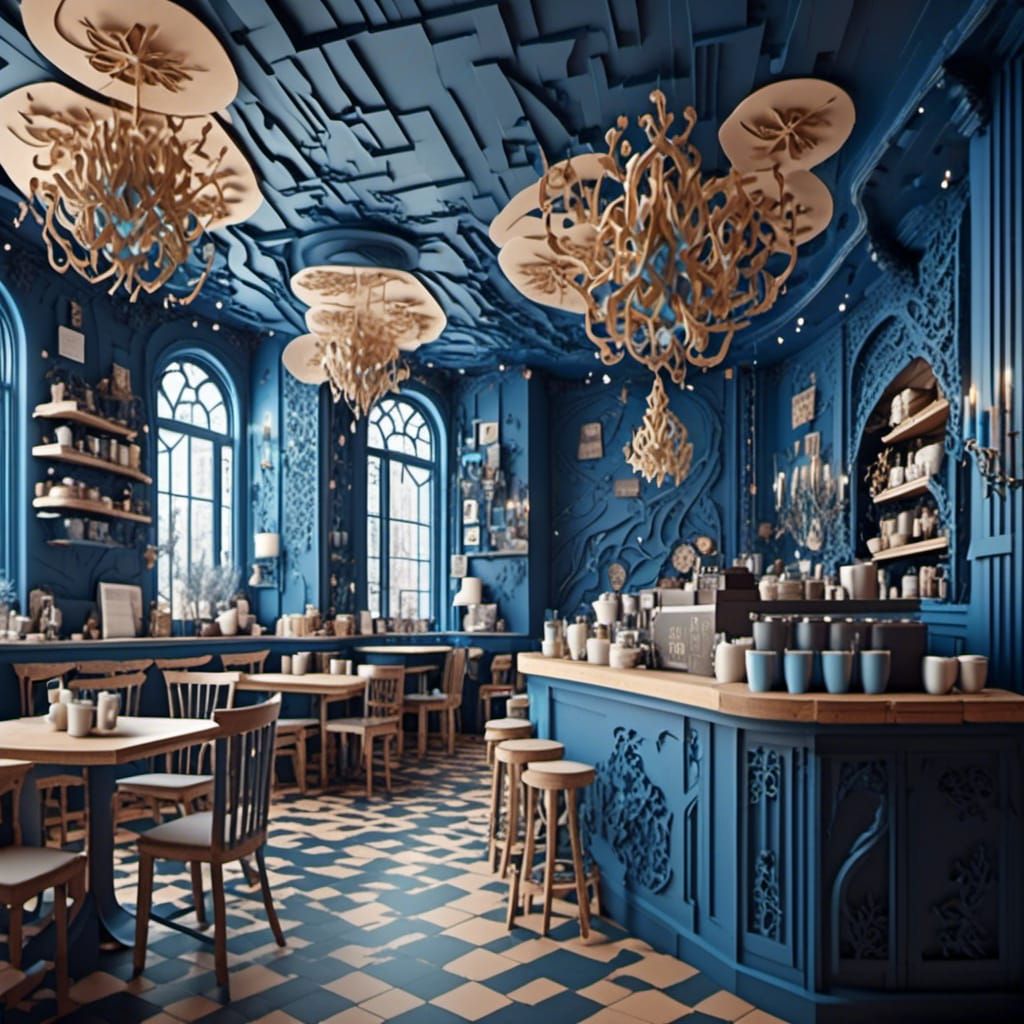 Blue Papercraft Coffee Shop 3D Model