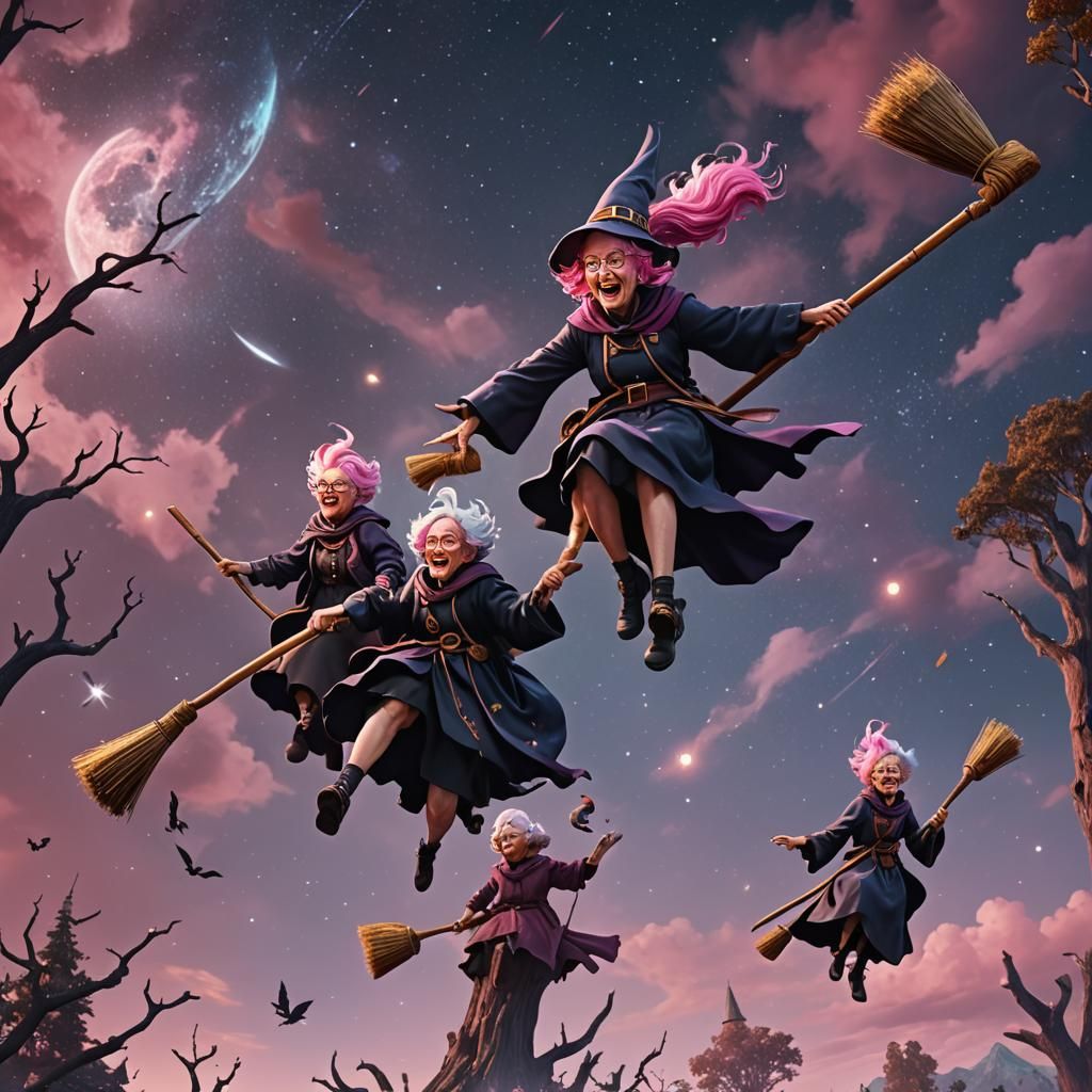 Grannies Ride Brooms in Fantasy Concept Art