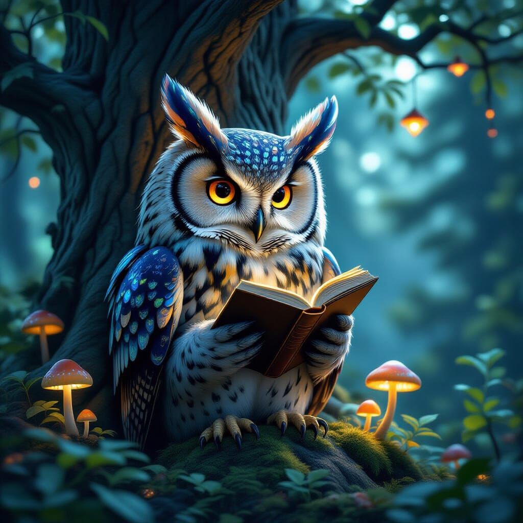 Owl in Alien Forest Reading Book: Hyperrealistic Art