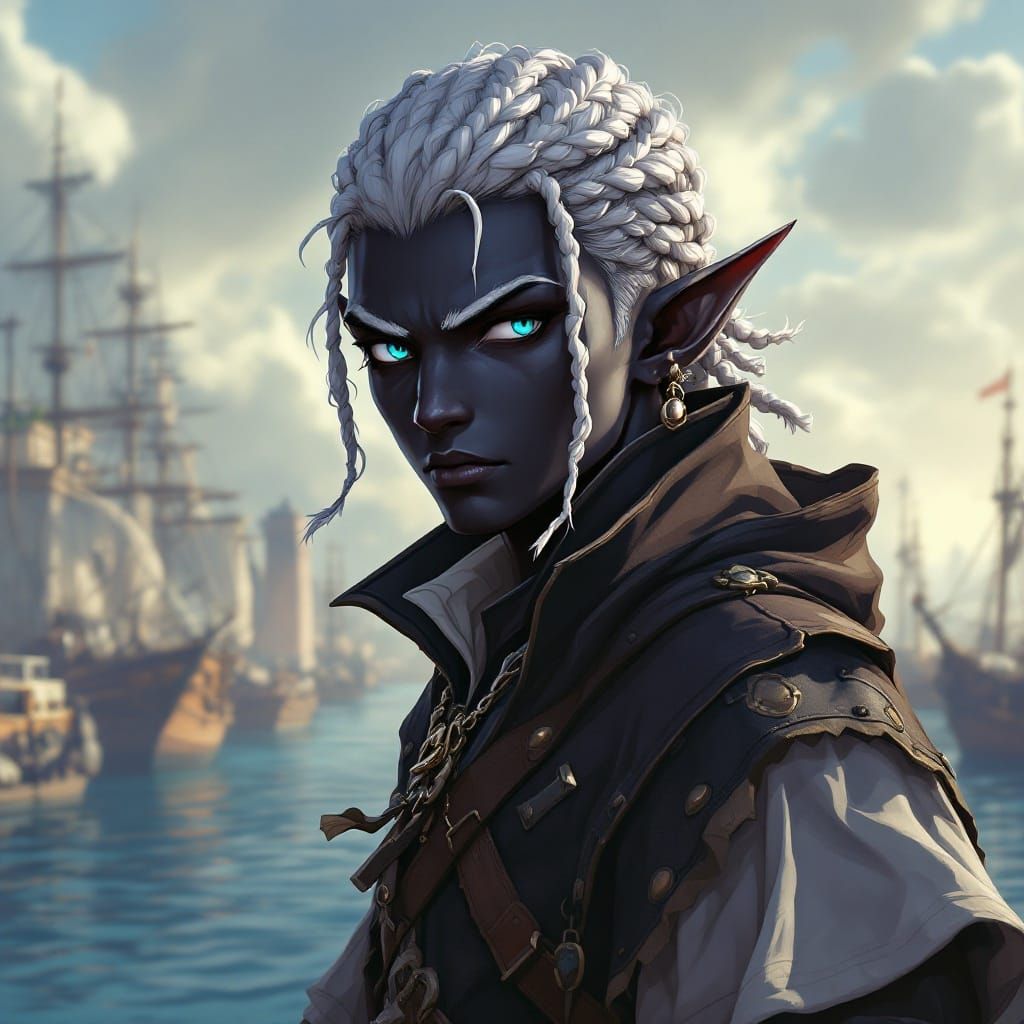 Dark Elf Pirate Gunslinger in Vibrant Harbor Scene