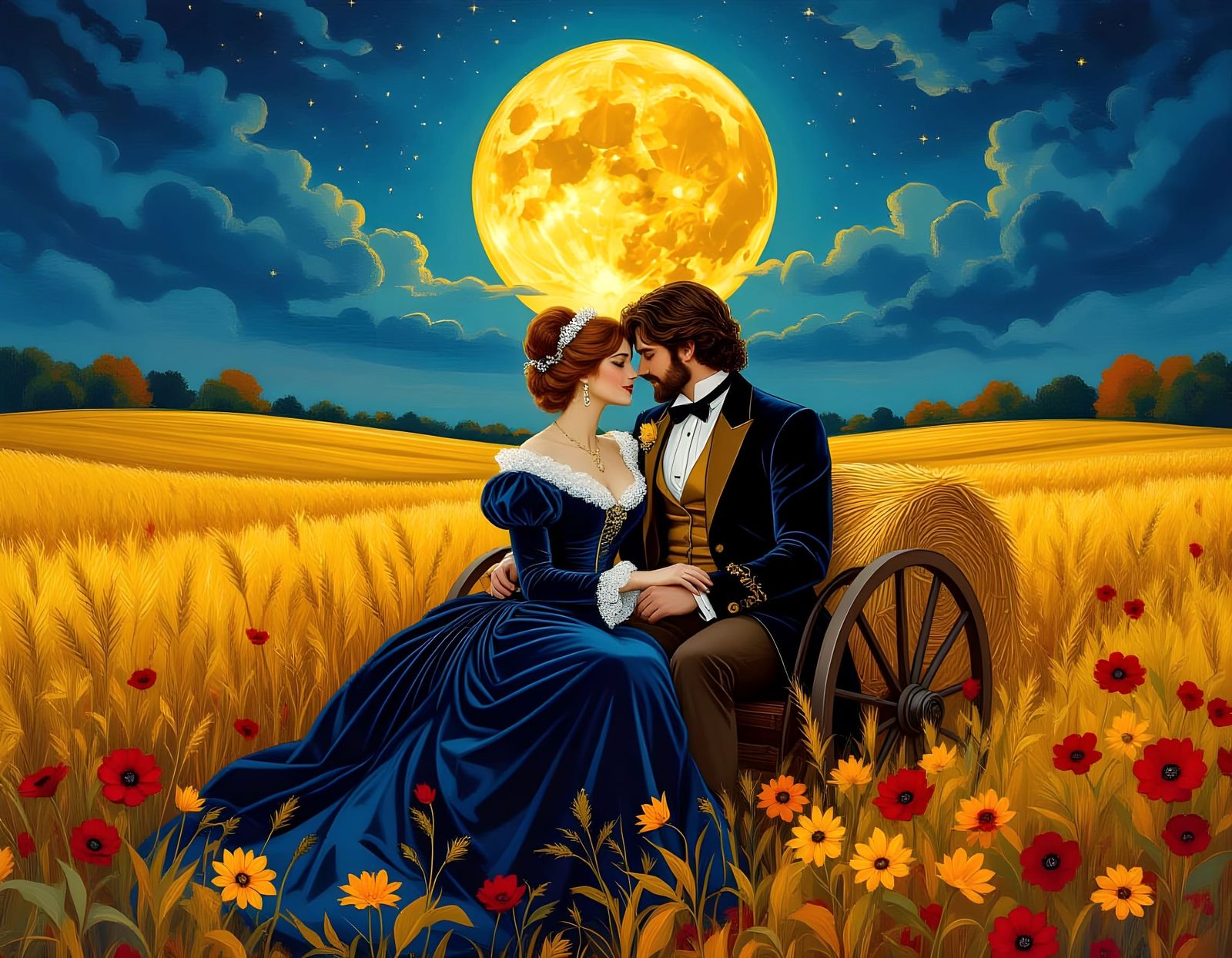 Victorian Couple's Romantic Hayride under Harvest Moon