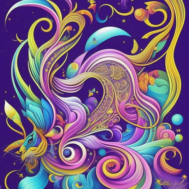 Psychedelic Neon Cat Vector Art Illustration