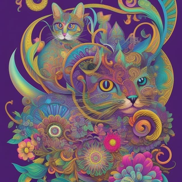 Psychedelic Neon Cats in Art Nouveau Style
