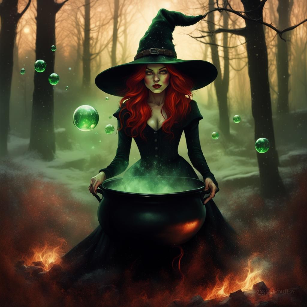 Woodland Witch with Bubbling Cauldron in Winter