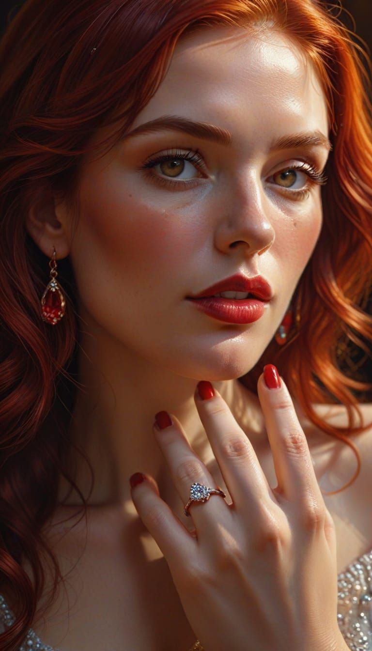 Red-Haired Woman with Ruby Ring in Oil Painting Style