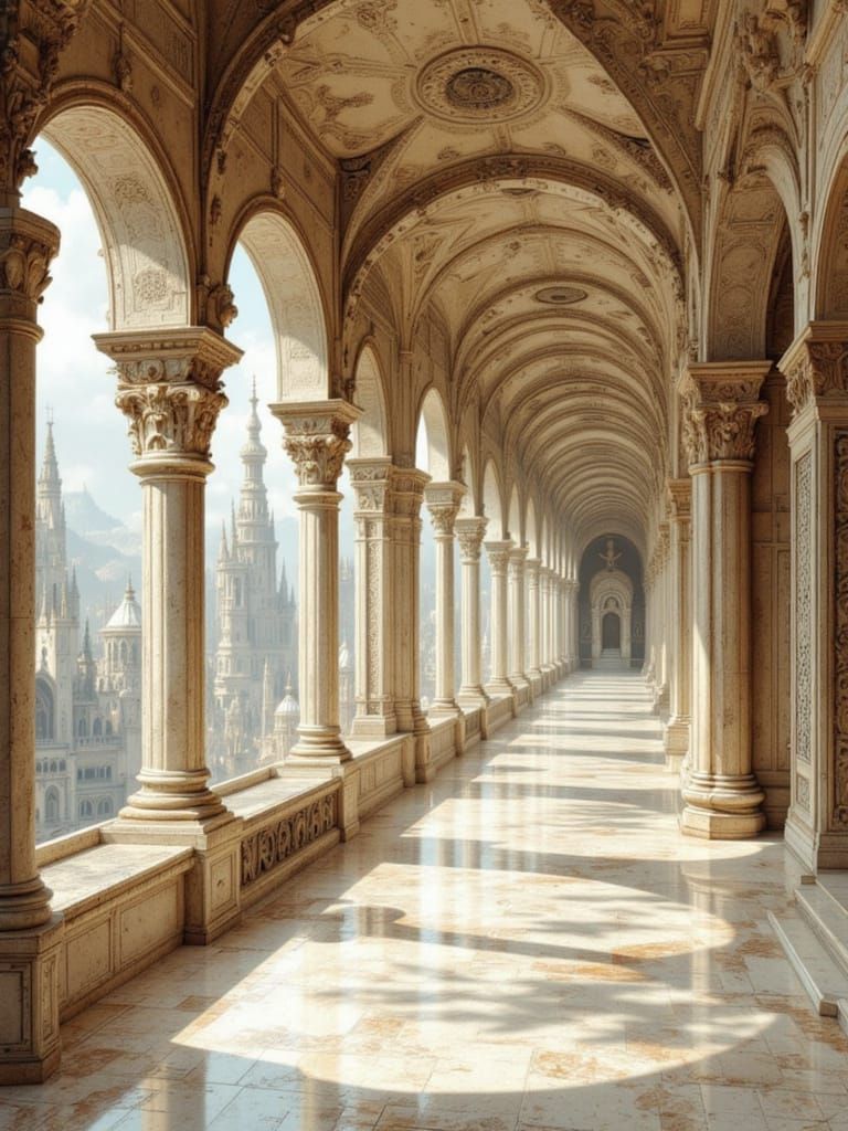 Majestic Castle Hallway Overlooking Magical Kingdom