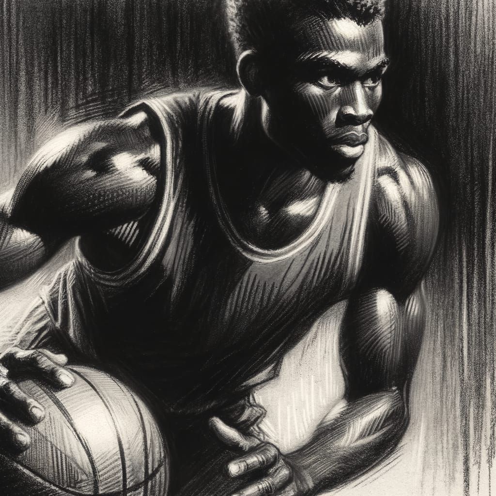 Focused Basketball Player: Vintage Charcoal Sketch
