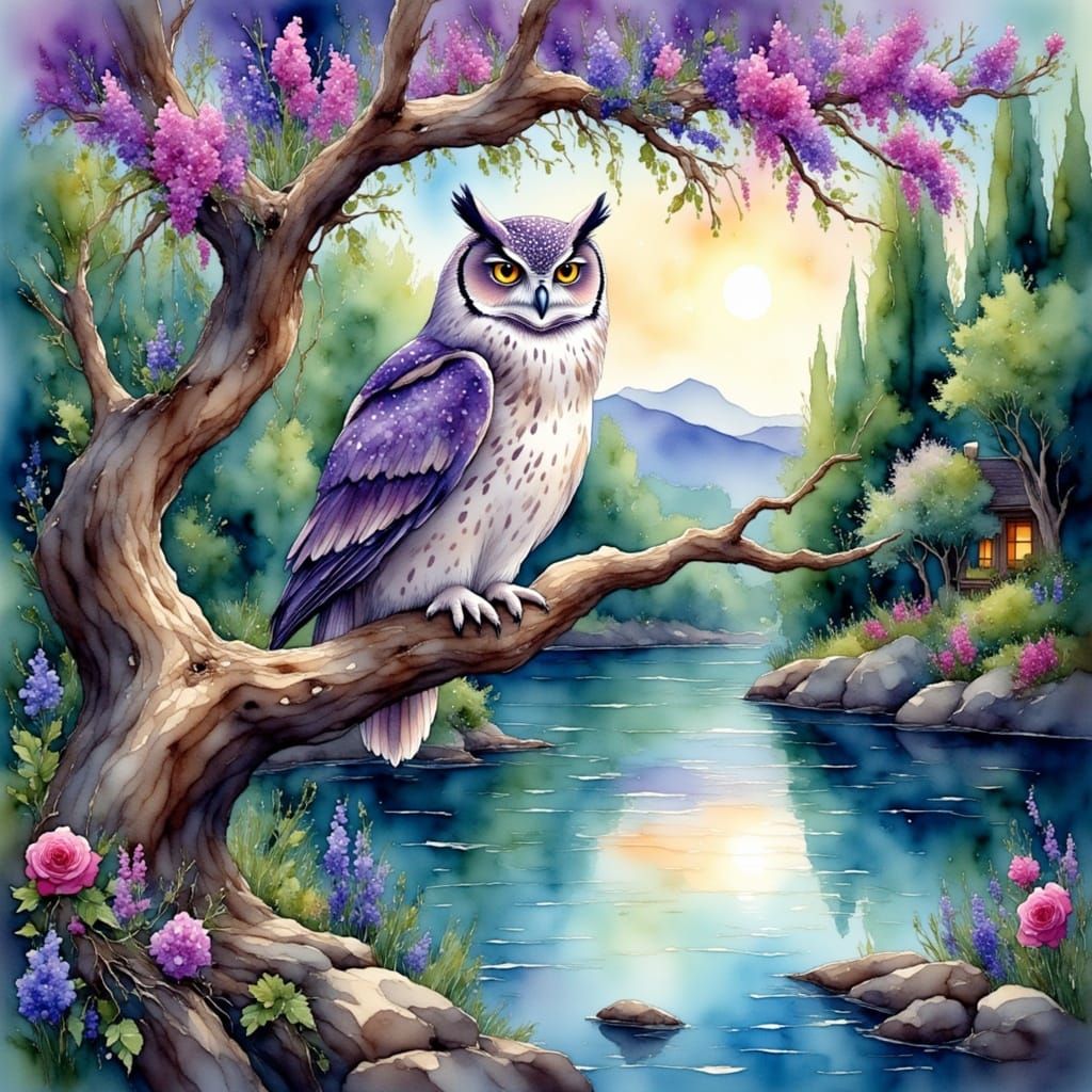 Watercolour Style Elegant Owl in Dreamy Lake Landscape