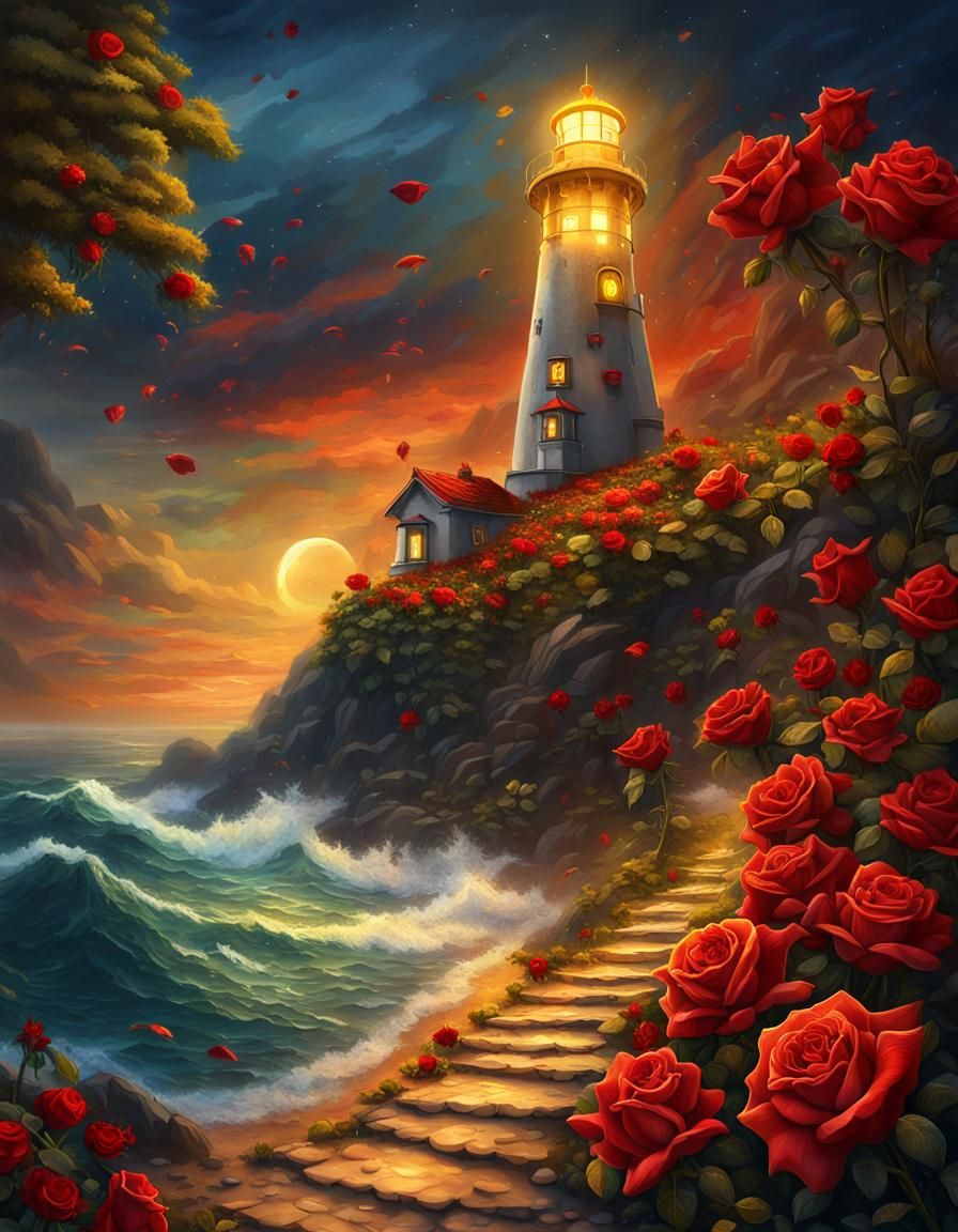 Lighthouse on Cliffside Path: Fantasy Oil Painting