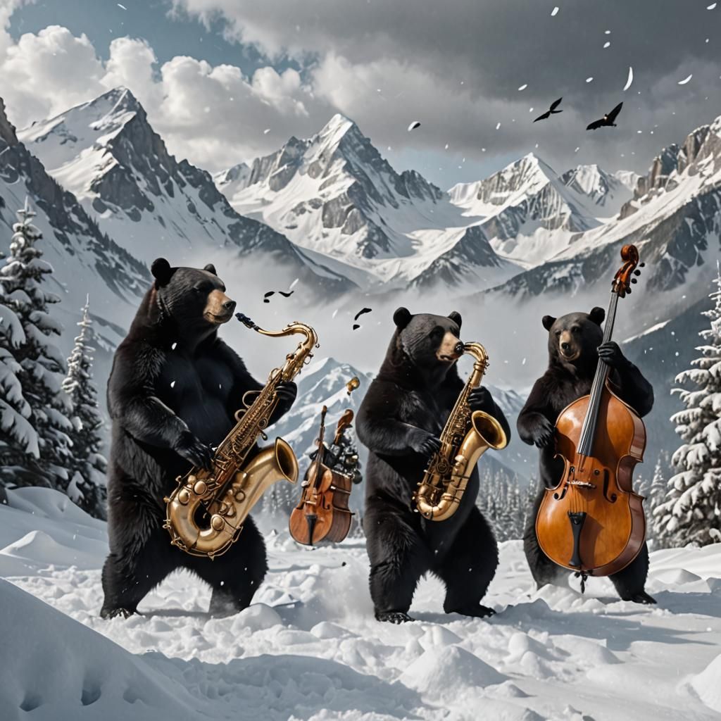 Surreal Black Bear Jazz Band in Snow Vortex