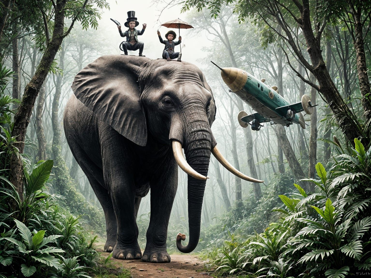 Elephant, Monkey, and Steampunk Rocketship in Jungle
