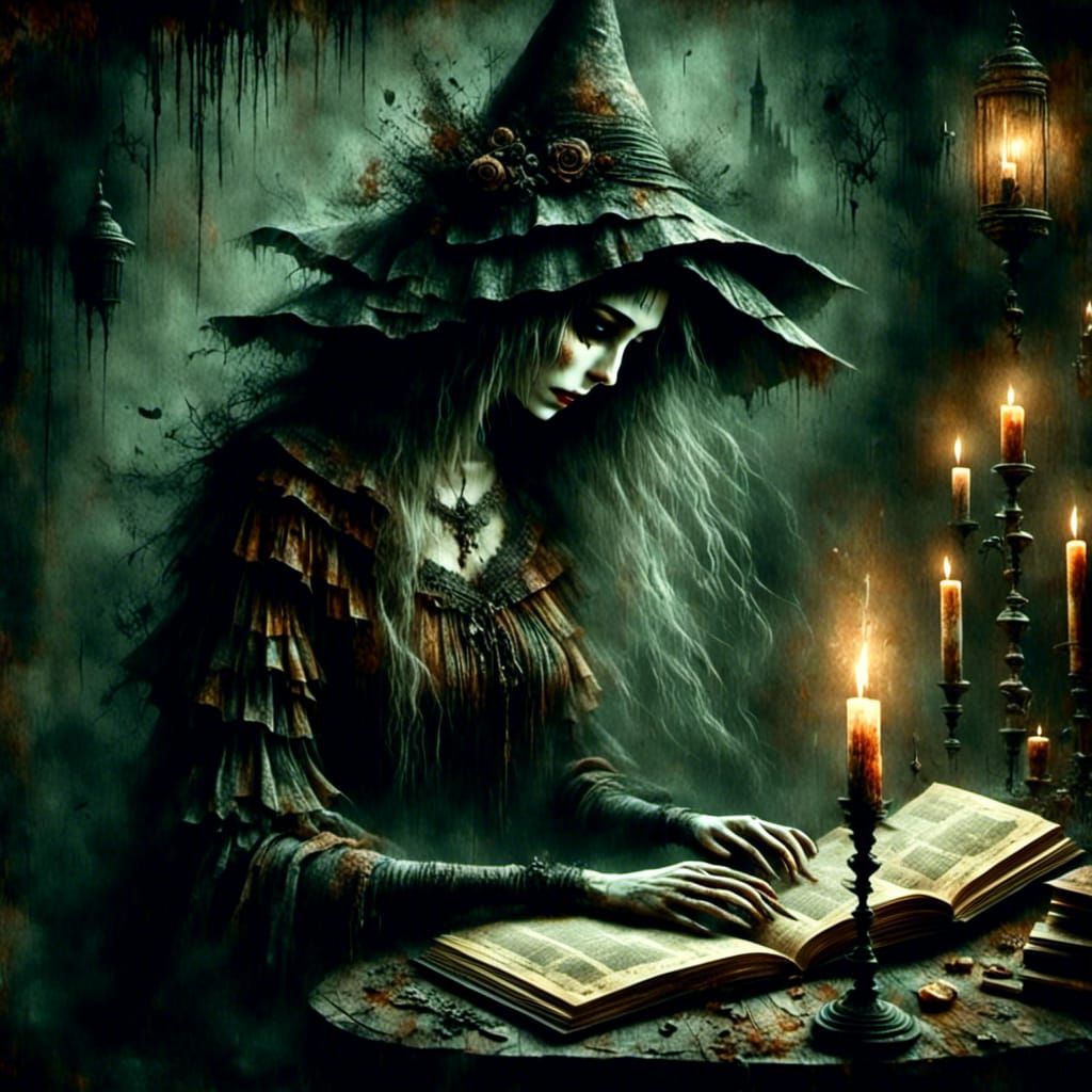 Mysterious Witch Studying Spell Book as Impasto Painting