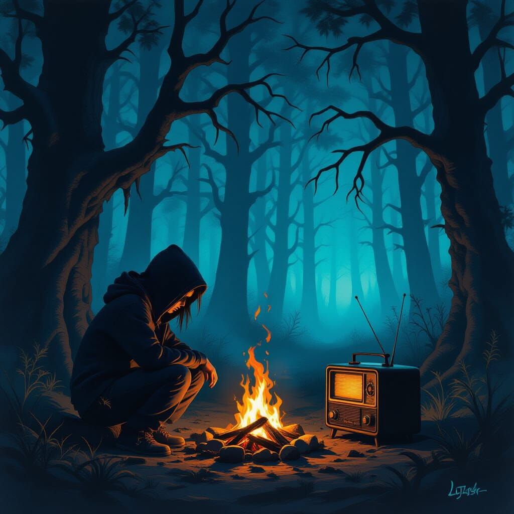 Teenager by Campfire in Dreamlike Forest