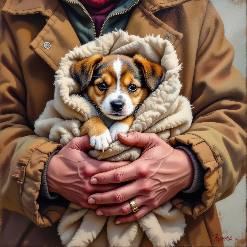 Heartwarming Oil Painting of Compassion and Companionship