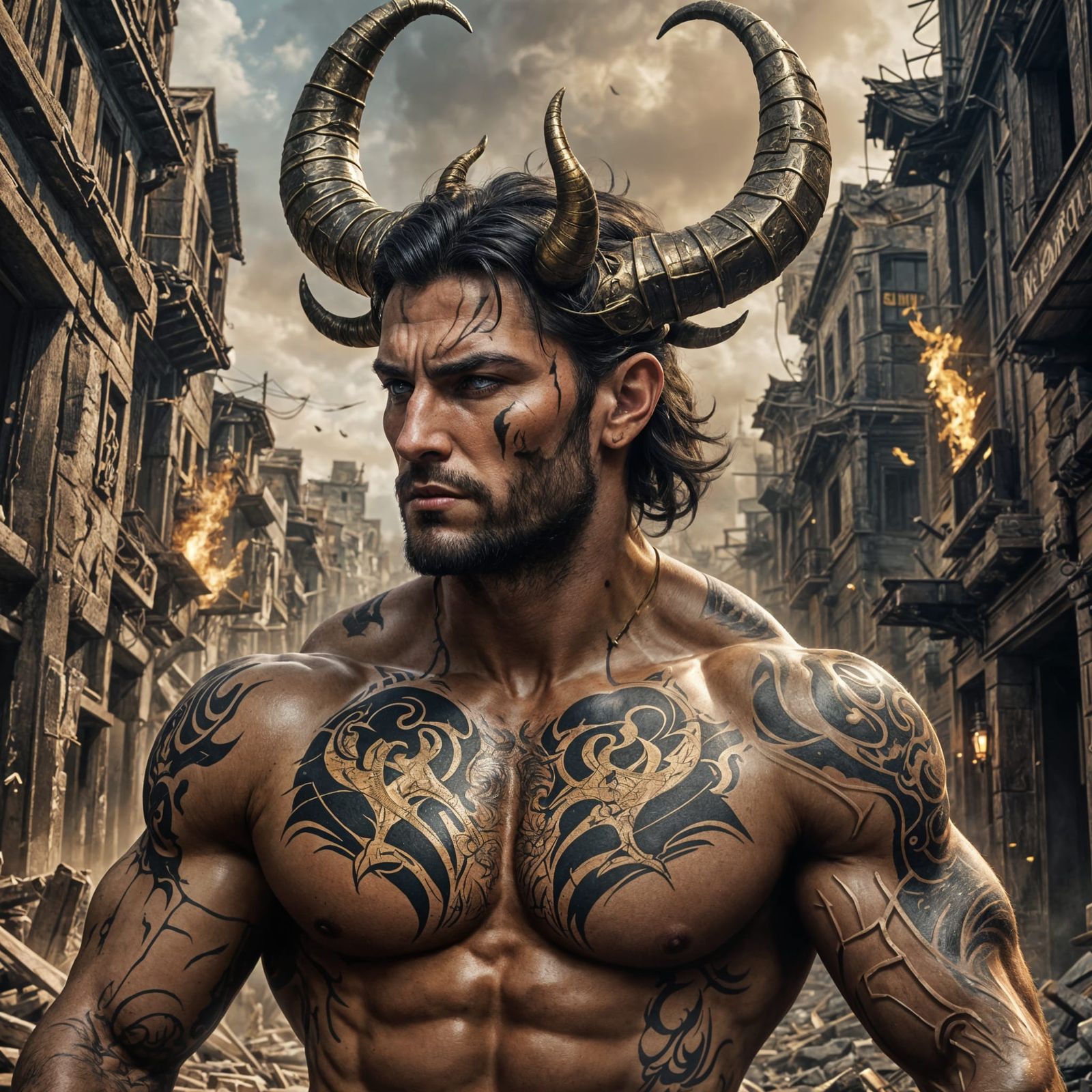 Handsome Horned Man with Runes in Fantasy Art