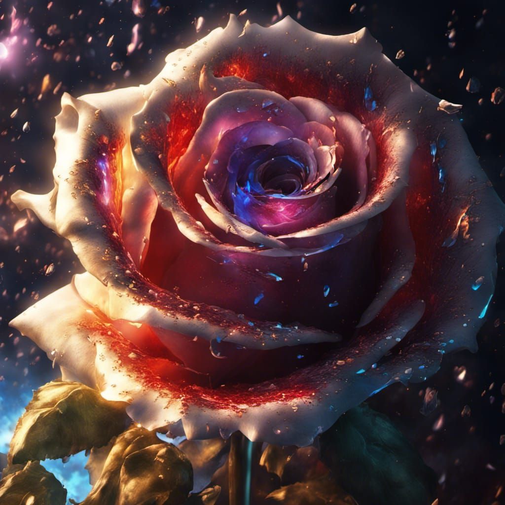 Cosmic Crystal Dissolving with Roses, Dark Fantasy Art