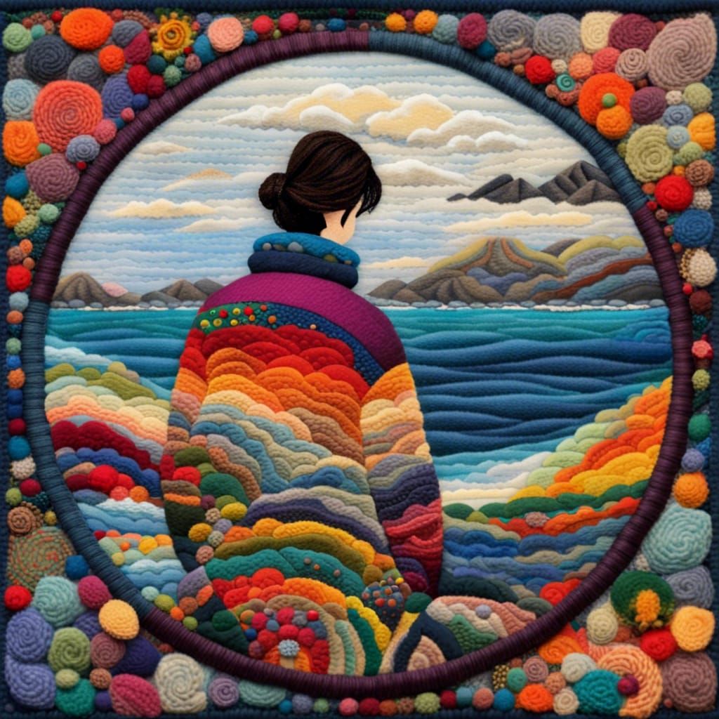 Colorful Felt Art Landscape with Woman in Jacket