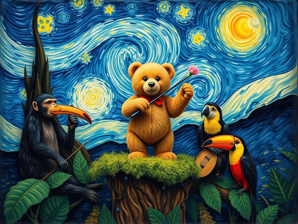 Teddy Bear Orchestra in Starry Night Style